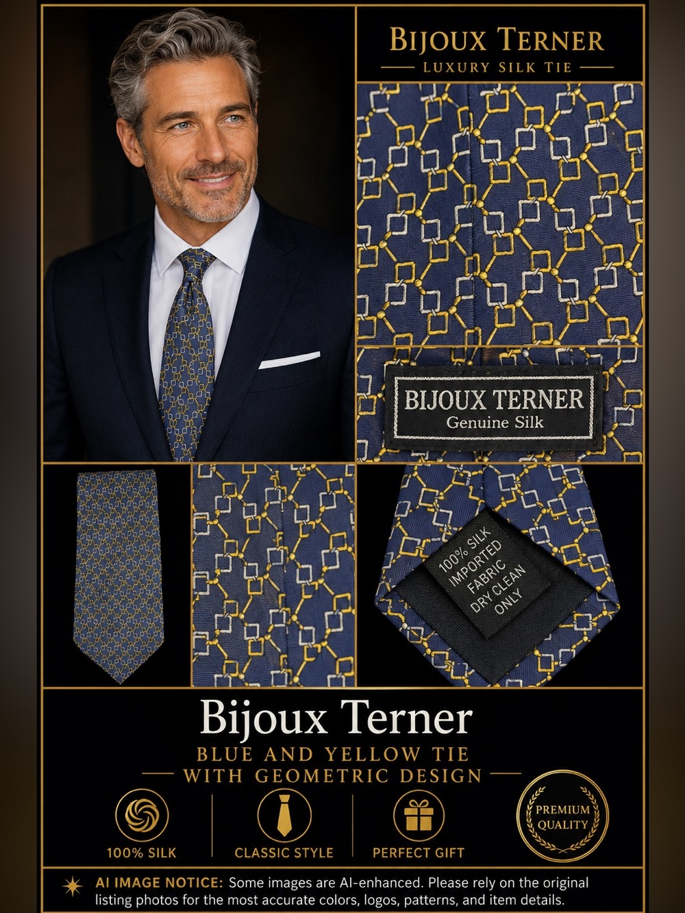 Bijoux Terner Blue and Yellow Tie with Geometric Design